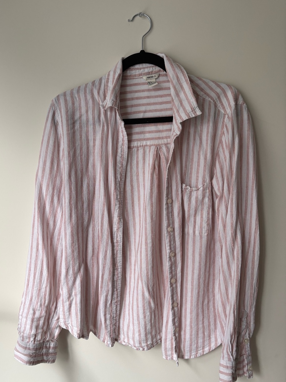 Women’s Pink and White Striped Linen/Cotton Button-Down Shirt